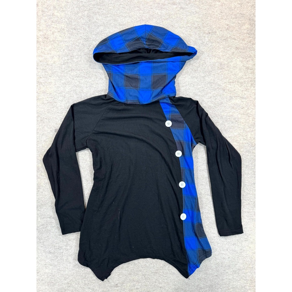 Cellabie Hoodie Womens XL Black Blue Plaid Asymmetrical Button Sharkbite Hem
